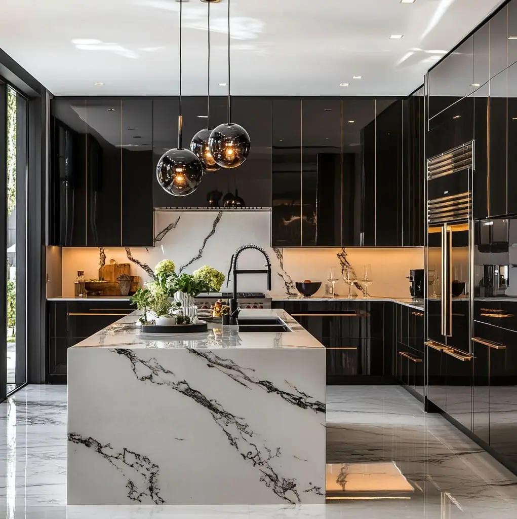 Black custom kitchen with stone island